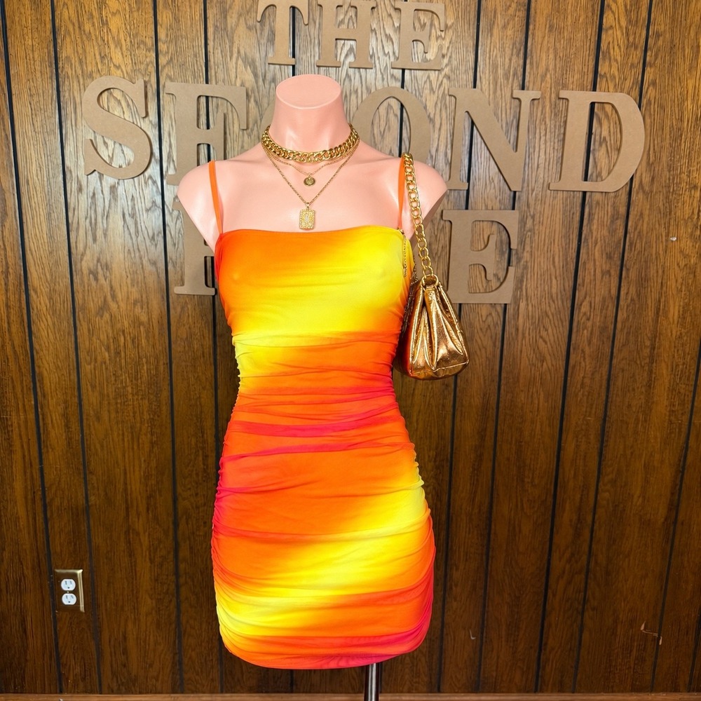 Orange Yellow Ruched Bodycon Mini Dress I.AM.GIA Small Y2K Mcbling Festival Glam